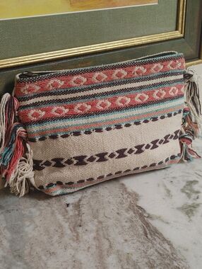 Ale By Alessandra Boho Woven Tassel Zip Pouch - Cream, Coral & Teal